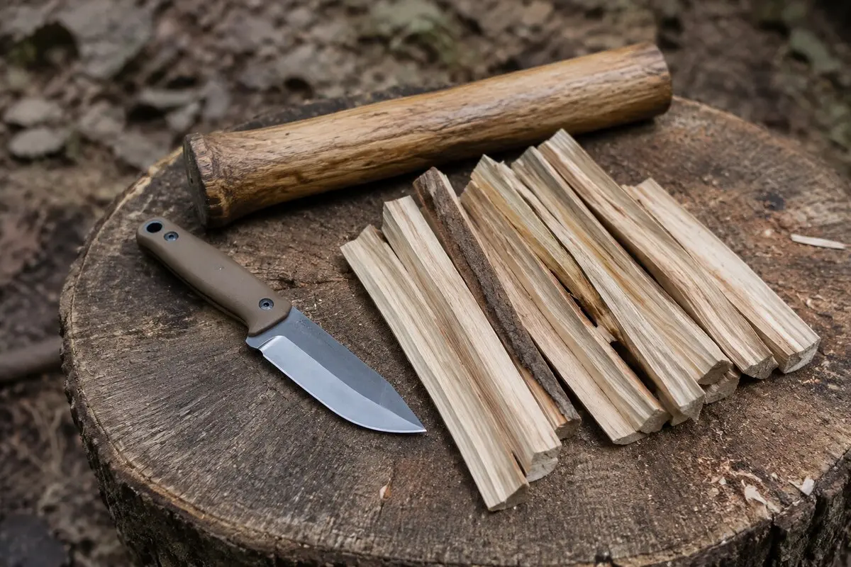Outdoormesser, Schlagholz und gespaltenes Anzündholz