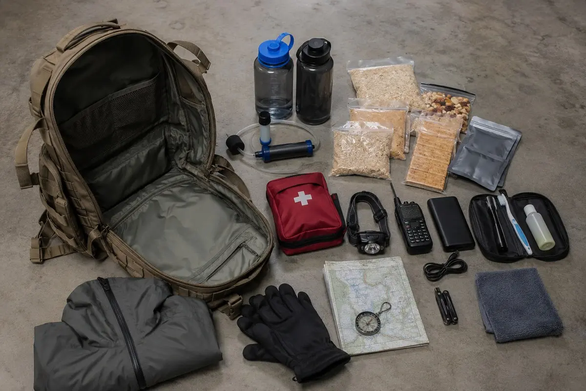 Bug-Out Bag mit ausgewählter Notfallausrüstung